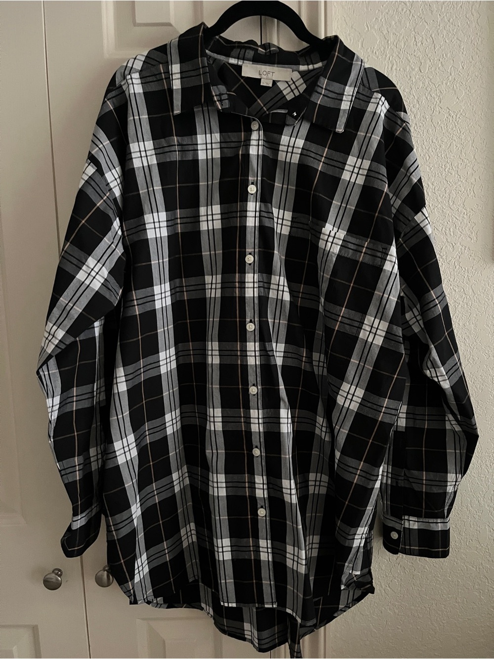 LOFT Black & White Plaid Button-Up Shirt Dress/Tunic XL 100% cotton like new